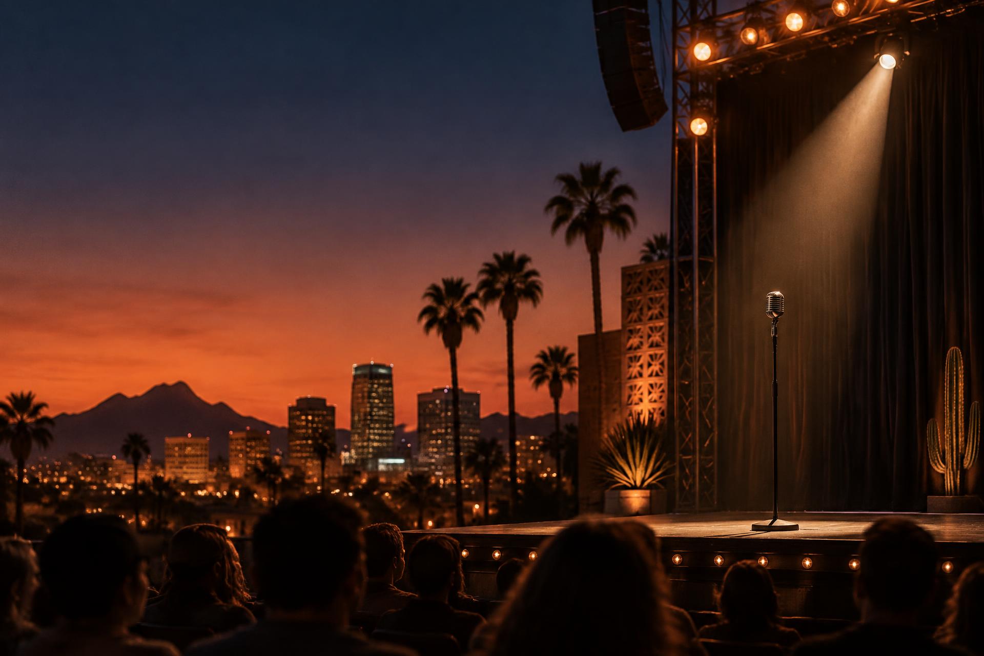 A comedy microphone on an outdoor Phoenix stage at sunset